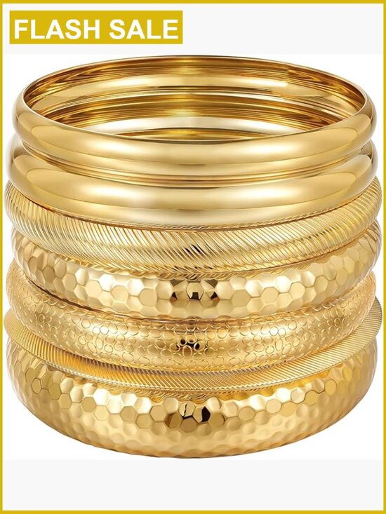 Jewelry - 7-Piece Stackable Bangle Bracelet Set, 14K Gold Plated, Boho Style